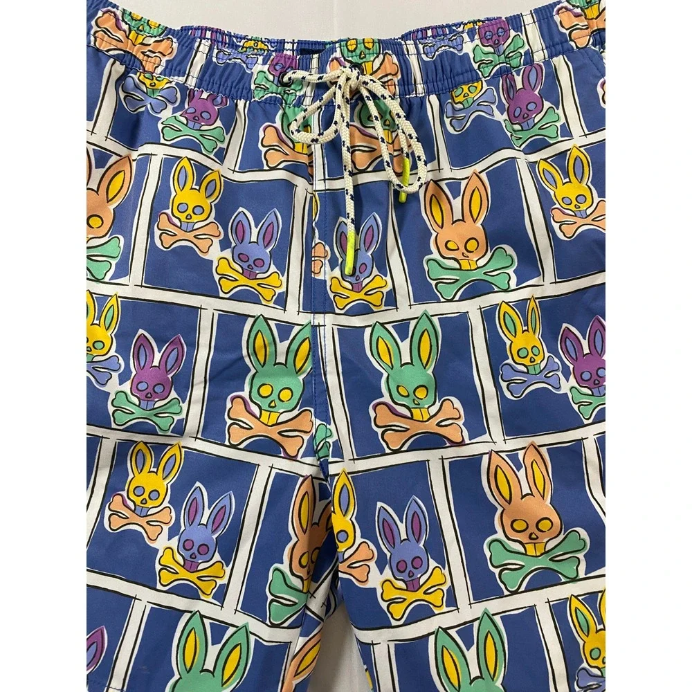 Psycho Bunny Mens Blue Multi Bunny Skull Grid Print Swim Trunks Size L 5.5" - Picture 3 of 9